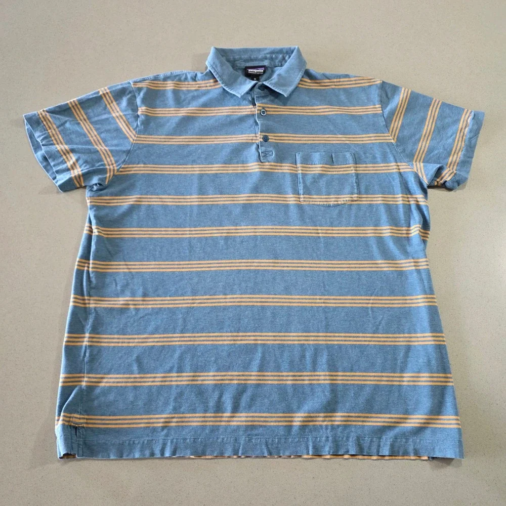 Patagonia Mens XL Organic Cotton Striped Polo Shirt Blue‎ Orange Short Sleeve